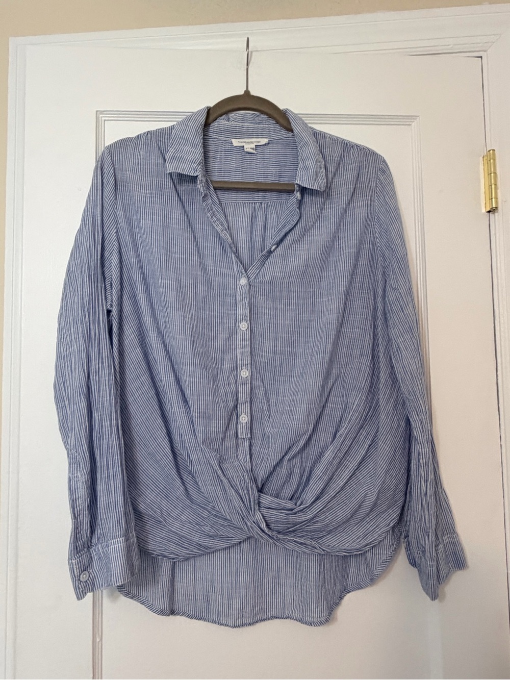 Light Blue Striped Twist-Front Button Shirt - Women